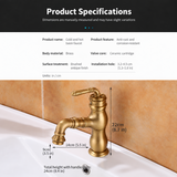 Dimension diagram of an antique brass kitchen faucet on a white sink with labeled height and spout measurements