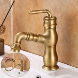 Brushed antique brass kitchen faucet with carved spout; inset shows pull-out hose.