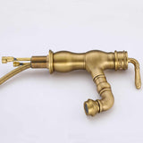 Side view of a brushed antique brass kitchen faucet with carved spout and handle.