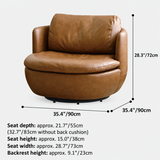 Dimension diagram of brown leather-look swivel barrel chair, 35.4"/90cm wide, 28.3"/72cm tall