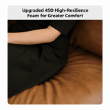 Close-up of a person's arm pressing into the brown leather-look seat of a swivel barrel chair