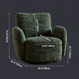 Green textured swivel barrel chair dimension diagram on dark grey with labeled measurements