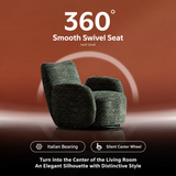 Green textured swivel barrel chair angled on a rust-brown spotlight backdrop with a white arc graphic