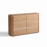 Wood-grain six-drawer sideboard on a white studio background with soft shadow