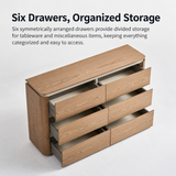 Six-drawer wood-grain sideboard with open drawers and English feature text above