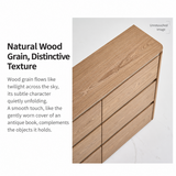 Natural wood-grain sideboard close-up beside English copy in a square editorial layout
