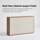 Rear view of a beige lacquered sideboard with wood trim in a square studio layout