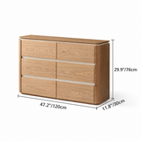 Warm wood-grain six-drawer sideboard dimension diagram with dual-unit labels