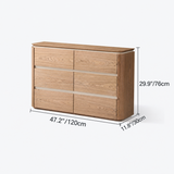 Dimension diagram of a light wood six-drawer sideboard on white, 47.2"×11.8"×29.9"/120×30×76cm