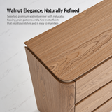 Close-up of a wood-grain sideboard's curved top corner and drawer edges, matte finish