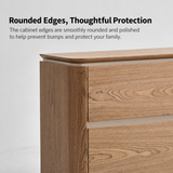 Close-up of a wood-grain sideboard's rounded top edge and corner above two drawer fronts
