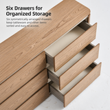 Wood-grain six-drawer sideboard close-up with three right drawers open and English storage text