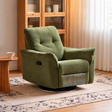 Olive green chenille swivel chair in a living room with wood cabinet and patterned rug