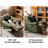 Olive-green recliner chair in two living room scenes with a resting man and stretching woman
