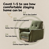 Olive-green swivel recliner chair in a square infographic with five English feature callouts