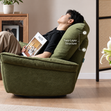 Olive-green swivel barrel chair with a reclining man and two-layer structure callout