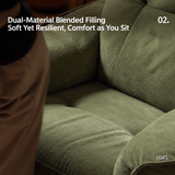 Close-up of olive-green upholstered swivel barrel chair beside a seated person