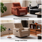 Two living room scenes with rust-red and beige swivel recliners and English color labels