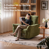 Olive green upholstered swivel barrel chair with a woman reading in a warm living room