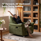Woman relaxing in a green swivel recliner in a warm living room with 15° and 20° rocking guides