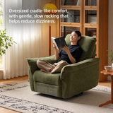 Woman reading in an olive-green swivel barrel chair in a warm living room