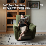 Olive-green swivel barrel chair with seated reader in a book-lined living room