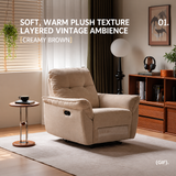 Beige upholstered swivel recliner chair in warm vintage living room with English text overlay