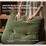 Green upholstered barrel chair texture close-up with hands and English feature labels