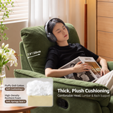 Woman with headphones reclining in green swivel barrel chair beside filling and size callouts