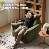 Olive-green swivel barrel chair with a reclining woman in a sunlit living room
