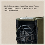 Underside of an olive-green swivel barrel chair with exposed circular metal frame and feature text