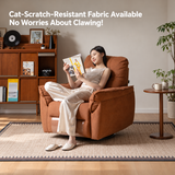 Woman reading in a rust-orange swivel barrel chair in a warm living room