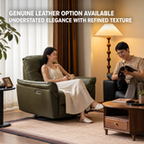 Olive-green swivel recliner with woman holding mug and man reading in warm living room
