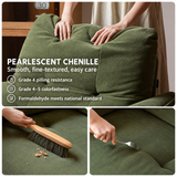 Green upholstered swivel barrel chair collage with hands, brush cleaning, and fork detail views