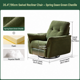 Spring Dawn Green chenille swivel recliner chair dimension diagram with foam and fiberfill swatches