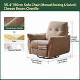 Cheese-brown chenille swivel chair dimension diagram with fabric, foam and fiberfill swatches.