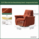 Pomegranate-red chenille swivel chair size diagram with fabric, foam and fiberfill swatches