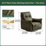 Pine green leather swivel recliner size chart with foam and fiberfill close-ups