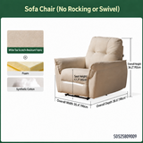 Beige upholstered sofa chair dimension diagram with fabric, foam, and filling swatches