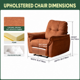 Caramel-brown upholstered recliner chair dimension diagram, 35.4"/90cm wide, with fabric, foam and filling swatches