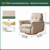 Beige swivel rocking sofa chair dimension diagram with fabric, foam, and filling swatches