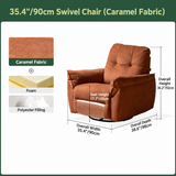 Caramel swivel barrel chair size diagram with dual-unit labels and material detail insets