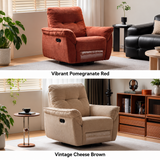 Square two-panel collage of rust-red and beige swivel recliners with English color labels