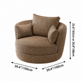 Brown textured barrel chair dimension diagram on white, labeled 39.4"/100cm wide and 25.6"–26.8"/65–68cm tall