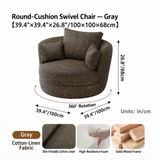 Grey swivel barrel chair dimension chart with dual-unit labels and fabric, foam and wood detail panels