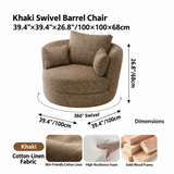 Khaki swivel barrel chair dimension chart with dual-unit sizes, 360° arrow, and fabric, foam and wood panels