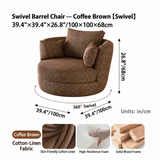 Coffee brown swivel barrel chair dimension chart with dual-unit labels and material detail panels