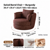 Burgundy swivel barrel chair dimension chart with dual-unit sizes and material detail panels