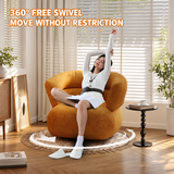 Woman relaxing in an ochre chenille swivel chair on a rug in a bright living room, swivel arrow