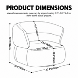 Line-drawing dimensions diagram of a barrel chair on white, labeled with dual-unit width, depth, height and seat measurements